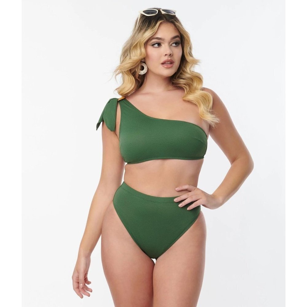 NWT Retro Olive Green One-Shoulder Bikini Set L